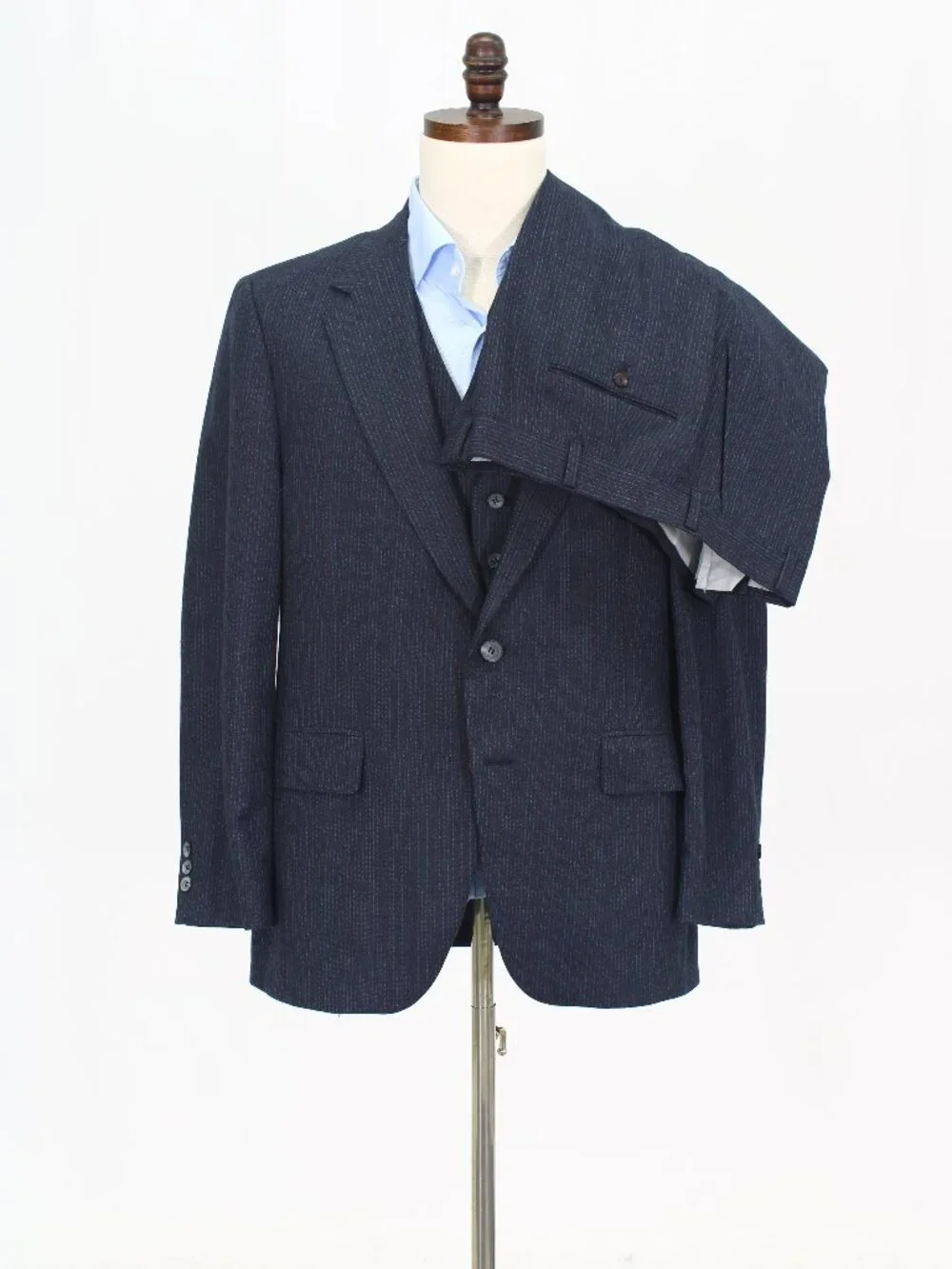 Vintage 1990s 40S 36x29 Navy Full Suit 2-Button Stripe R948